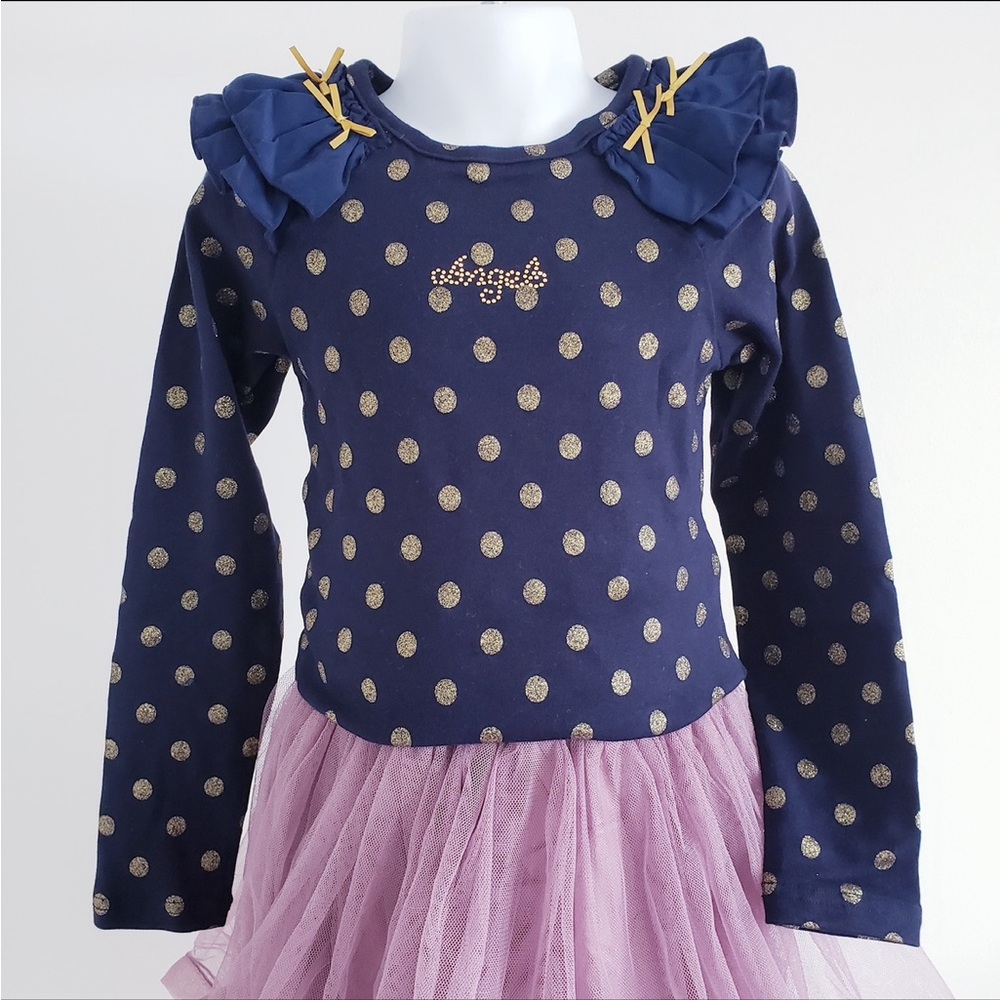 🎀 #249 Brand New girls Navy and Gold Polka Dot long sleeve shirts.